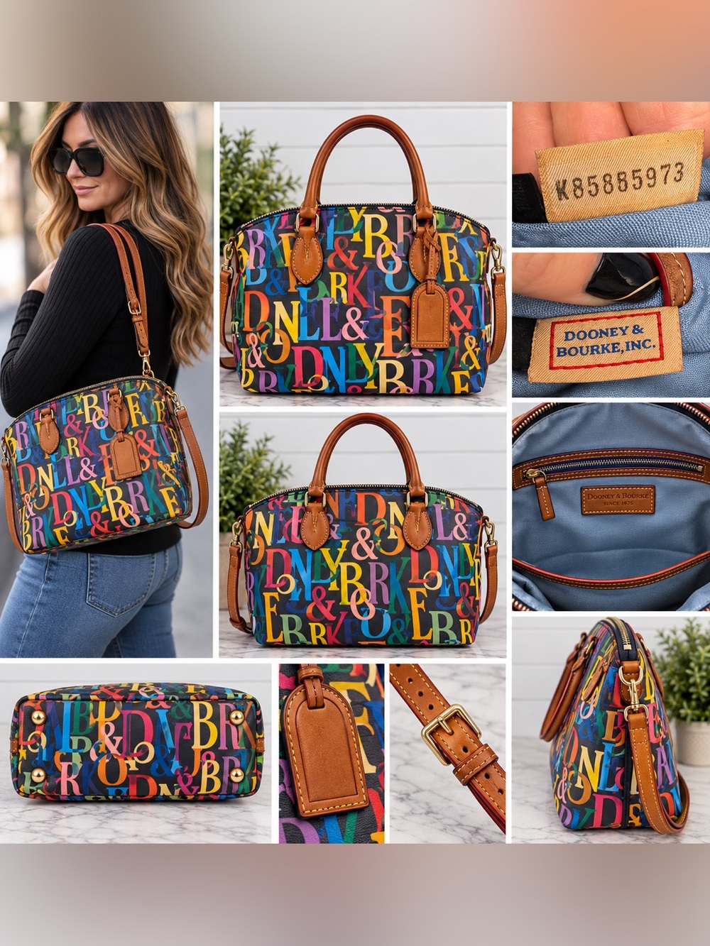 Vintage Dooney & Bourke Multicolor Letter Print Satchel Shoulder Crossbody Bag